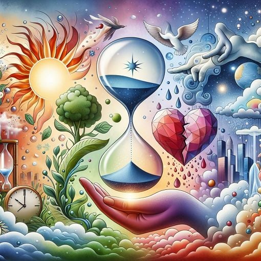 A whimsical art piece depicting concepts of time (past, present, future), nature (sun, snow, rain), and emotions (heart, mind, hand) blending together in a colorful, thought-provoking illustration.