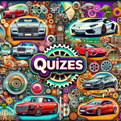 A colorful and engaging quiz-themed collage featuring luxury cars, popular vehicles, and automotive symbols such as gears and road signs.