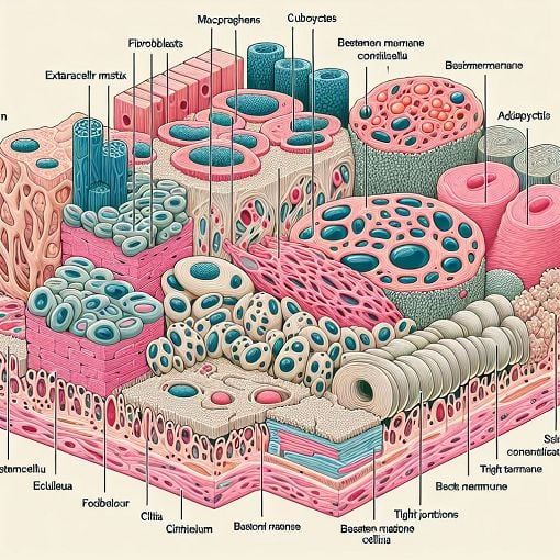 A detailed illustration of human connective tissue and epithelium sections highlighting various cell types, structures, and their fun<wbr>ctions in a scientific and educational context.