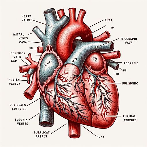 anatomical illustration of the human heart with labels for heart valves and blood vessels, educational style