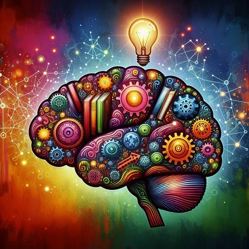 An imaginative and colorful illustration of a brain, with various symbols representing different fields of knowledge (like a light bulb for ideas, books for learning, gears for thinking, etc.) in a playful style.