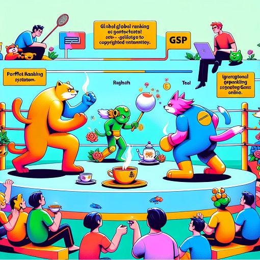 A vibrant and colorful illustration of characters from Super Smash Bros engaged in a friendly competition, with a mix of humor and intensity, showcasing elements like teabags, ethernet cables, and GSP (Global Smash Power) rankings.