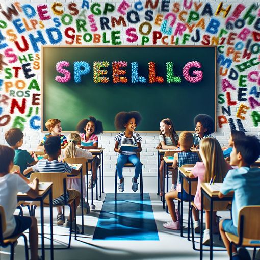 Generate an engaging image of a school setting with colorful spelling words displayed on a chalkboard, children happily participating in a spelling quiz, bright and cheerful atmosphere.