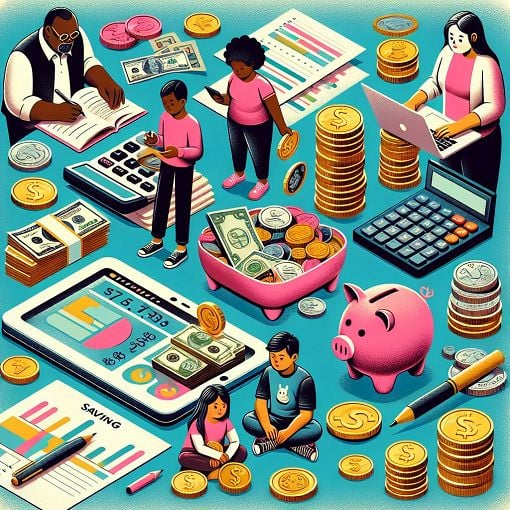 A vibrant and engaging illustration that represents personal finance, saving money, budgeting, and financial planning. Include elements like piggy banks, coins, a calculator, and people of various ages contemplating their finances.