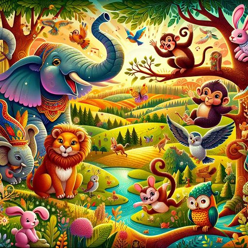 A vibrant, whimsical illustration of various animal characters in a whimsical landscape, each representing different personality traits, in a colorful and playful style.