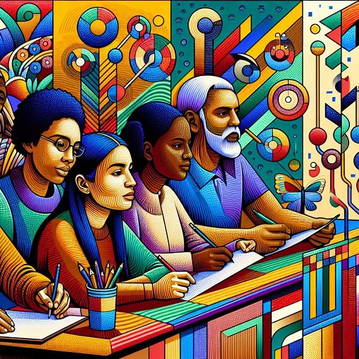 A detailed illustration of a diverse group of people taking a quiz on a colorful platform, with visual elements that represent political ideologies and social networks, modern art style.