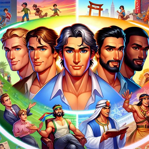 A whimsical illustration of a diverse group of charming men, each representing different game series personalities, in a vibrant, playful setting.