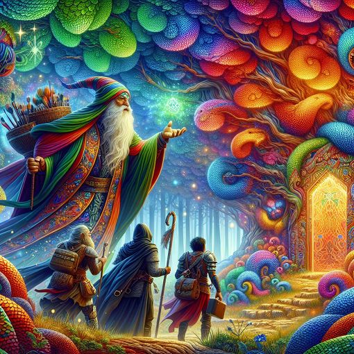 A vibrant fantasy-themed illustration depicting a mystical forest where characters encounter various challenges, such as a mimic door and a wizard offering a deal, with a colorful, spiritual aura surrounding them.