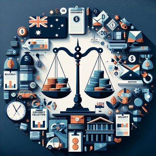 A visually engaging educational graphic representing the Australian Consumer and Competition Commission (ACCC) with a focus on debt collection laws and consumer rights, featuring symbols of balance scales, debt collection, and the Australian flag.