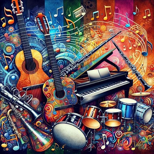 A vibrant collage of musical instruments, including a guitar, piano, drums, and flute, surrounded by colorful musical notes, reflecting different music genres and cultural influences.