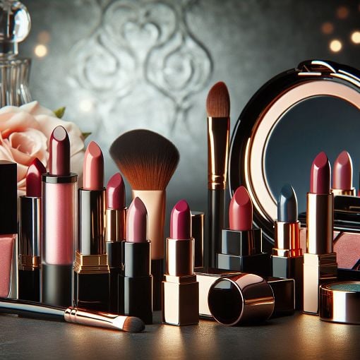 A stylish makeup flat lay featuring Charlotte Tilbury products, including lipsticks, eyeshadows, and skincare items, with an elegant background and soft lighting.