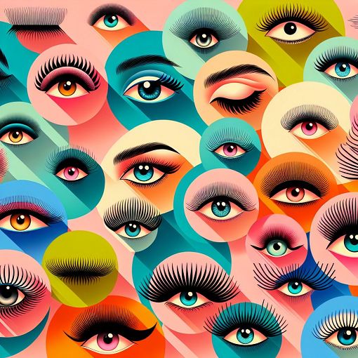 Create a vibrant and stylish image featuring various eye shapes and lash styles, emphasizing beauty and individuality, with graphics of lush lashes and a playful background.