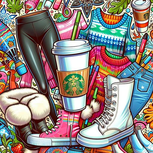 A vibrant and playful illustration featuring trendy clothing items like leggings, Ugg boots, white Converse, and a Starbucks cup, set in a fun, colorful background that evokes a cheerful, casual atmosphere.