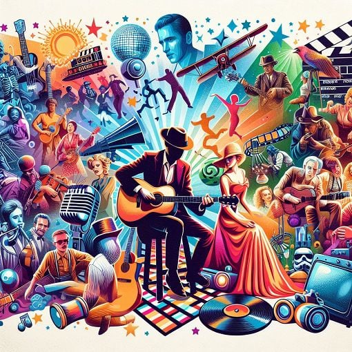 A vibrant and colorful collage featuring iconic pop culture stars, including musicians, actors, and scenes from popular movies, with a playful and engaging style.