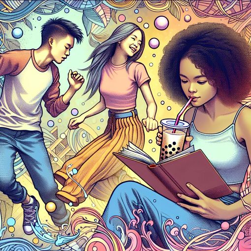 A colorful, vibrant illustration of diverse young people enjoying various activities, including dancing, studying, and relaxing with bubble tea, in a fun and playful style.