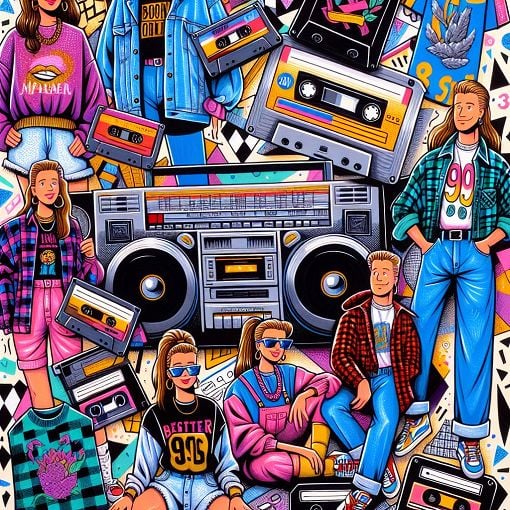 An illustrated collage of iconic 90s symbols, including a boombox, cassette tapes, graphic tees with popular slogans, and characters from iconic shows like Friends and Seinfeld, all set against a vibrant, colorful background reminiscent of the 90s style.