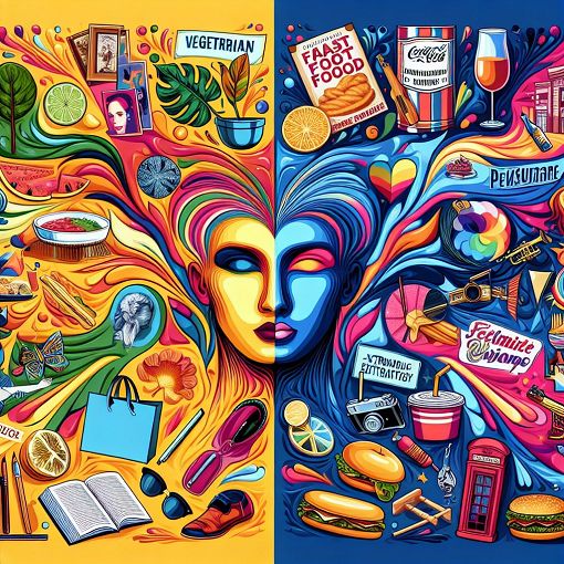 A colorful and vibrant illustration depicting contrasting personalities, with elements representing colors, food types, fashion styles, and pop culture influences.