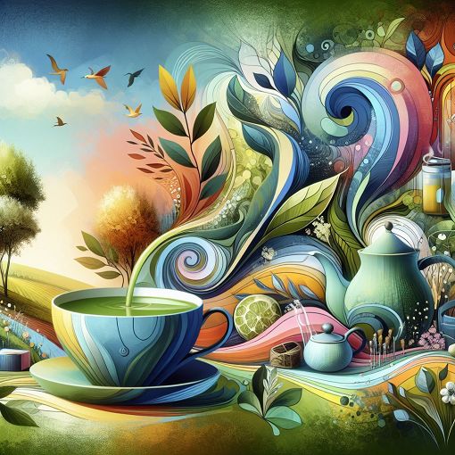 A whimsical and colorful illustration of different types of tea, including a teacup surrounded by nature, abstract art, and calming colors. The image should evoke a sense of relaxation and personality.