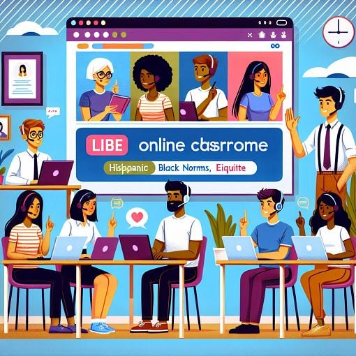 A vibrant and engaging illustration of students participating in a virtual classroom through Google Meet, with visible rules and etiquette displayed on the screen.