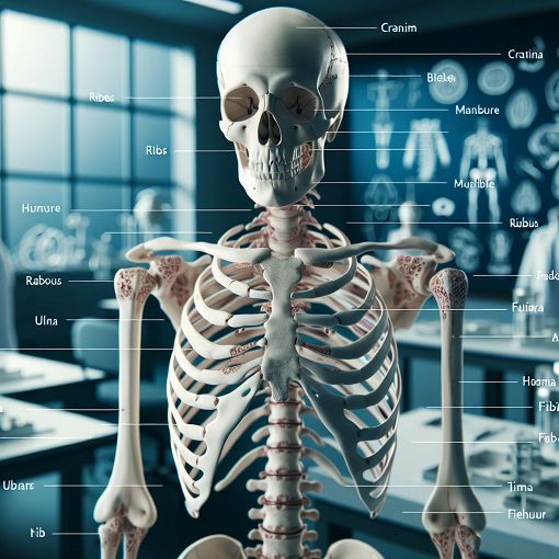 A detailed anatomical illustration of the human skeleton mounted in a lab setting, showcasing various bones labeled for identification.