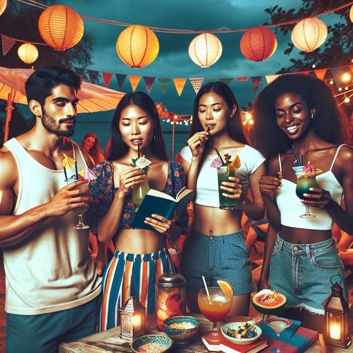 A vibrant and colorful college lifestyle scene featuring a group of young people enjoying drinks and a lively atmosphere, with elements like a puff bar, cocktails, a beach party vibe, and an art history book in the background.