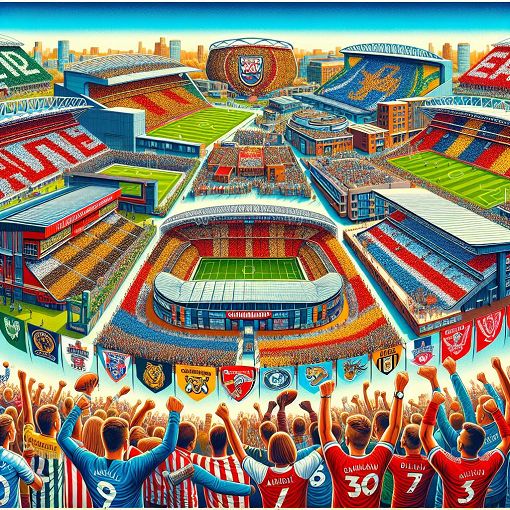 A vibrant, illustrative collage of various EFL Championship stadiums, showcasing elements like fans, team colors, and iconic features of each venue.