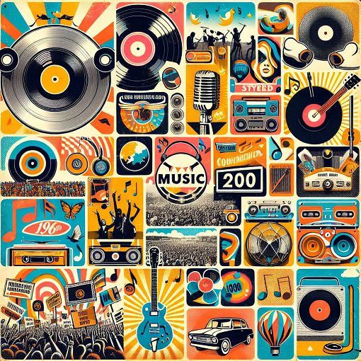 A vibrant collage of iconic music events from the 1960s to the 2000s, featuring famous artists and moments in music history.