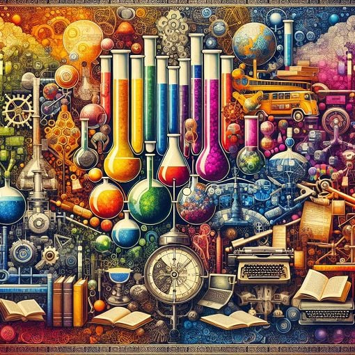 A colorful collage representing various interests such as science, literature, and technology, with symbols like test tubes, books, and gadgets.