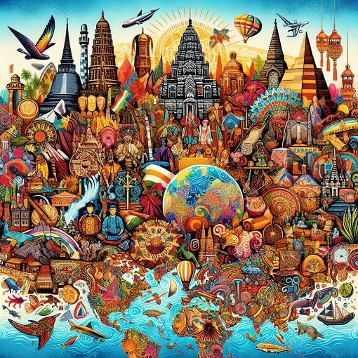 A vibrant collage representing diverse cultures, incorporating symbols of different countries and iconic landmarks, showcasing cultural diversity and international living.