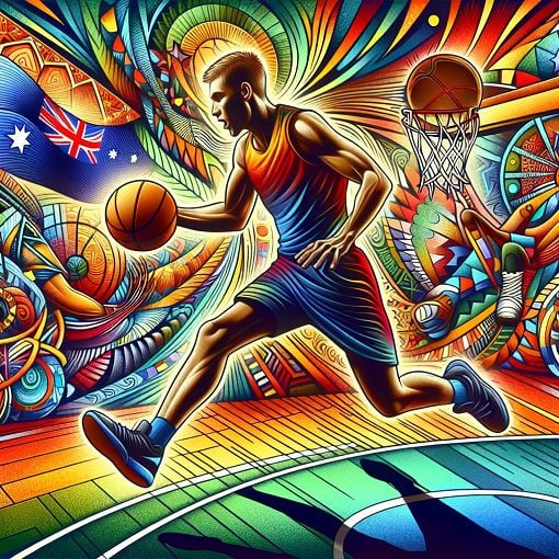 A vibrant illustration of a basketball court featuring Ben Simmons in action, surrounded by basketball-related elements and Australian motifs.