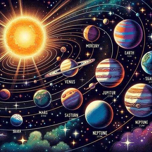 an educational illustration of the solar system with planets, stars, and vibrant colors