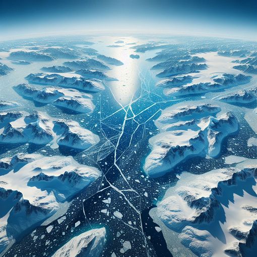 A stunning aerial view of the Arctic landscape, showing icy waters, floating icebergs, and a clear blue sky, conveying the beauty and vastness of polar regions.