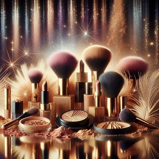 Create an artistic, colorful representation of makeup products, including foundations, powders, and brushes, with a radiant background that showcases the essence of a glamorous makeup experience.