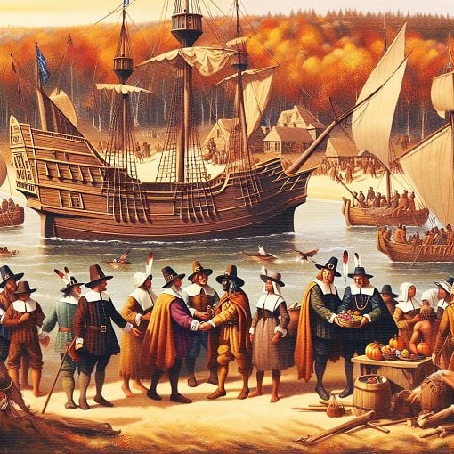 Create an image of a historic sea voyage representing the Mayflower with indigenous people and early settlers interacting on a picturesque coast, emphasizing themes of community, exploration, and cultural exchange.