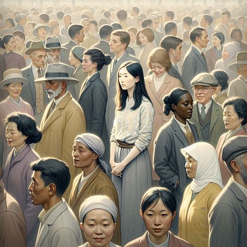 A serene illustration depicting loneliness and connection, featuring an individual in a crowd looking isolated, with soft colors and a thoughtful atmosphere.