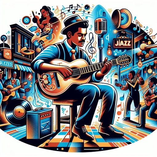 A dynamic and vibrant illustration of a blues musician playing a guitar, with historical elements representing African-American culture and the origins of blues music in the background.