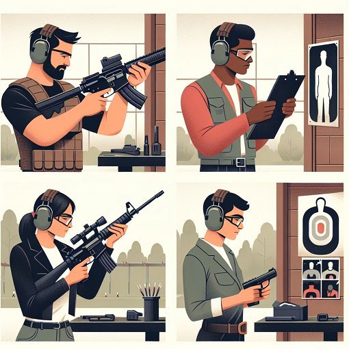 An engaging and informative image depicting various rifle safety practices, including people using firearms at a shooting range with safety equipment like ear and eye protection.