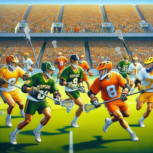 A visually appealing illustration of a lacrosse game in action, showcasing players in vibrant uniforms, a field marked with lines, and a clear blue sky in the background.