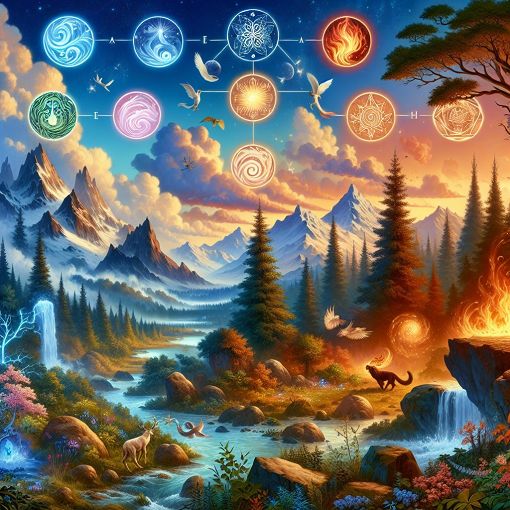 A mystical landscape with elements of magic and nature, featuring symbolic representations of fire, water, earth, and air, along with various magical creatures, in a vibrant and enchanting style.