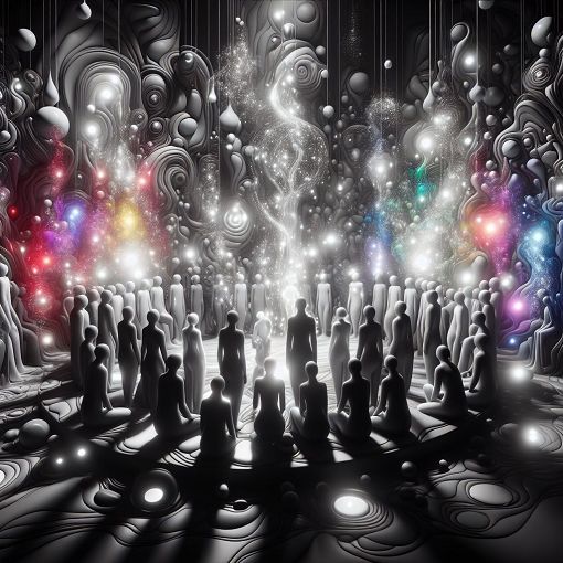 A group of stylized monochrome characters standing together, each radiating different colors of light, in a mystical and artistic setting.