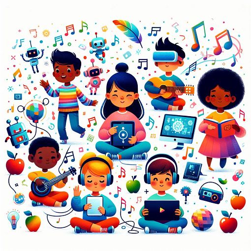 A colorful illustration of a diverse group of kids engaging with technology, surrounded by musical notes, fruits, and quirky objects.