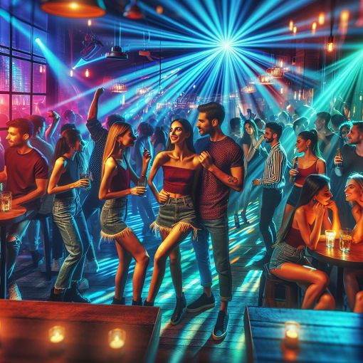 Create an image of a vibrant nightlife scene in Buenos Aires with young people enjoying music and socializing in a club-like atmosphere, featuring colorful lights and a lively vibe.