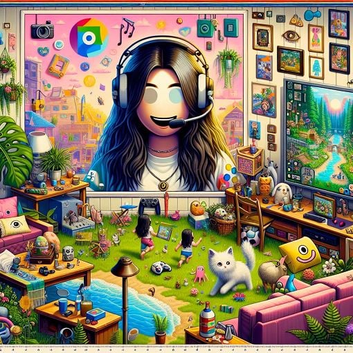 A vibrant illustration of a Sims game scene featuring a character resembling Clare Siobhan, surrounded by colorful and whimsical elements, including various Sims-themed objects and a picturesque game environment.