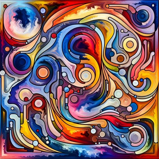 A colorful, abstract representation of different personality types, intertwining shapes and flowing colors representing harmony, logic, and individual traits.