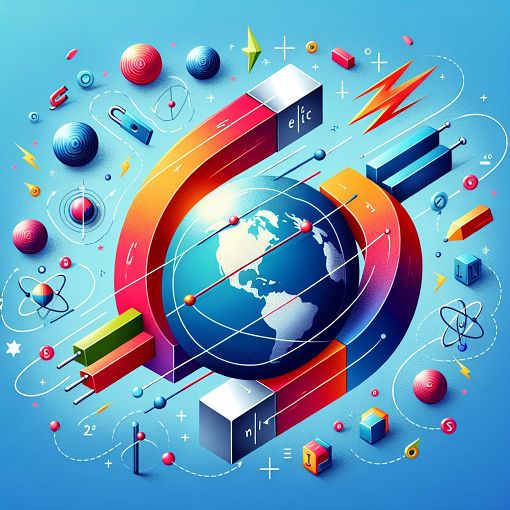 A vibrant, educational illustration of magnets interacting with various materials, showcasing magnetic poles, a schematic of an electromagnet, and a globe representing Earth's magnetic field.