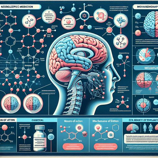 A detailed illustration of various neuroleptic medications, their mechanisms of action, and effects on the human brain, in a medical and educational style.