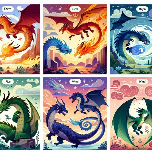 A vibrant landscape depicting various Flight Rising dragon species interacting with their natural environments, with colorful elements representing each flight: earthy tones for Earth, fiery motifs for Fire, windy skies for Wind, and so on.