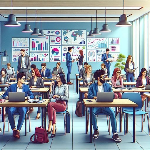 A professional and engaging classroom setting filled with business students discussing and collaborating, with charts and graphs in the background, vibrant colors and enthusiastic expressions.