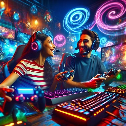 Create an image of two gamers at an esports event, playfully interacting, surrounded by gaming paraphernalia, in a colorful and vibrant setting.