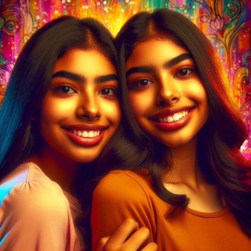 A vibrant image of two teenage girls with similar looks, representing twin sisters, smiling and posing together, in a colorful and cheerful setting with a background that reflects a friendly and warm family atmosphere.